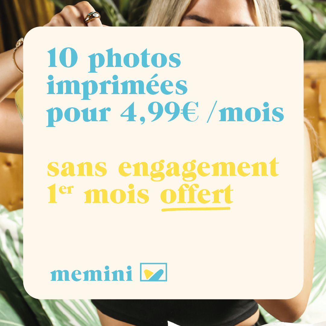 10 photos livrées chaque mois pour 4,99 € par mois. Abonnement mensuel sans engagement. Avec Memini, tes souvenirs n’auront jamais été si bien gardés